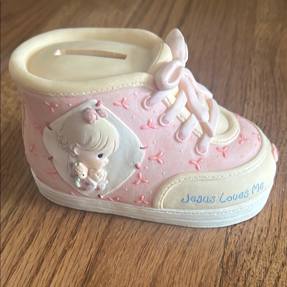 Precious Moments Piggy Bank Enesco Pink and Cream High-Top Jesus Sneakers